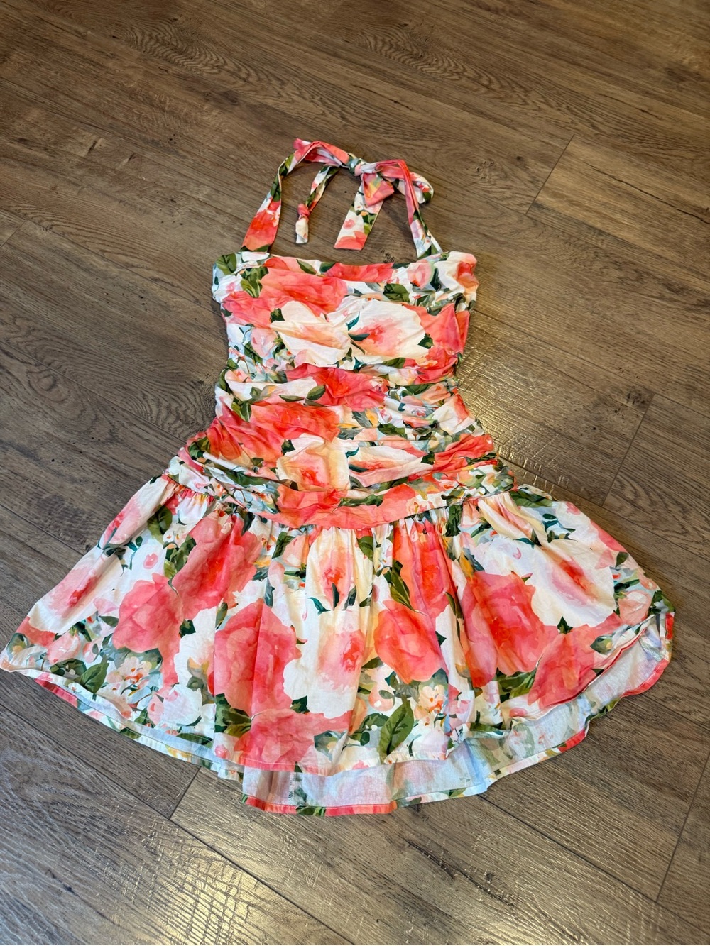 Vici Floral Halter Dress in Coral & White